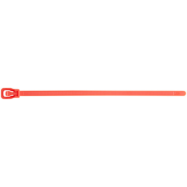 A red plastic Retyz cable tie with a metal hook.