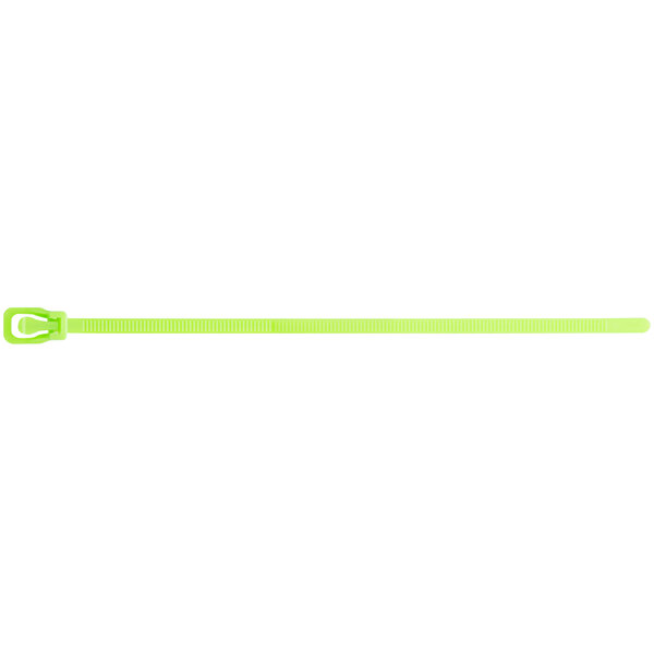 A fluorescent green Retyz cable tie with a metal buckle.