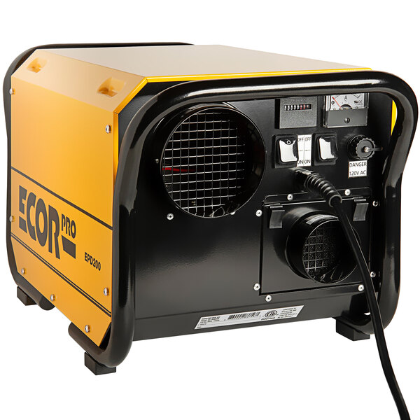 A yellow and black Ecor Pro EPD200 Desiccant Dehumidifier.