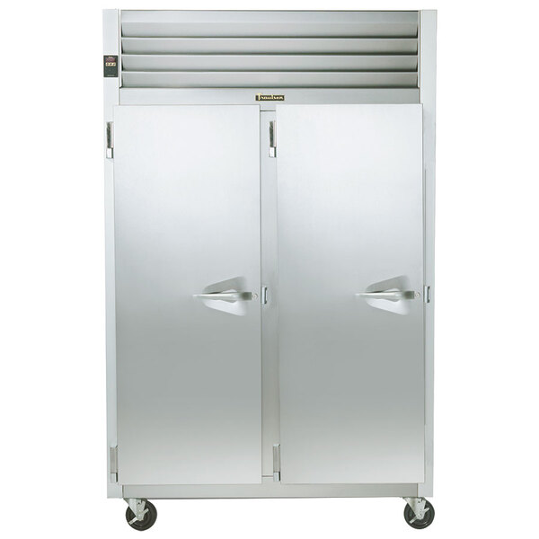 A large silver Traulsen hot food holding cabinet with two doors.