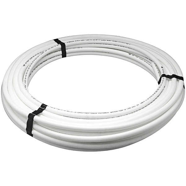 A roll of white plastic Zurn PEX pipes with black bands.
