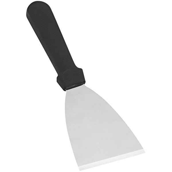A Vollrath stainless steel ice cream scraper with a black plastic handle.