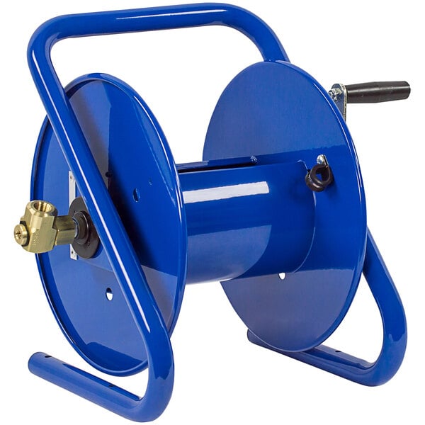 A blue Coxreels CM Series hand crank hose reel with a metal handle.