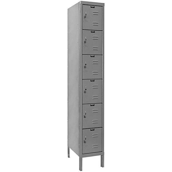A grey metal Hallowell box locker with six compartments.