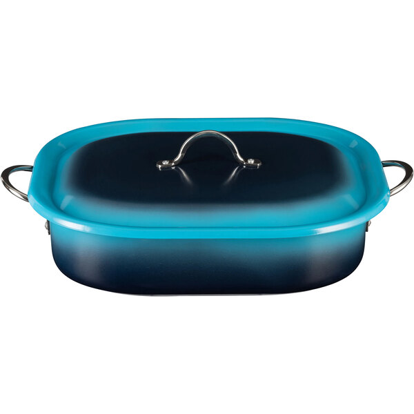 A blue Bon Chef Country French oven with a handle and lid.
