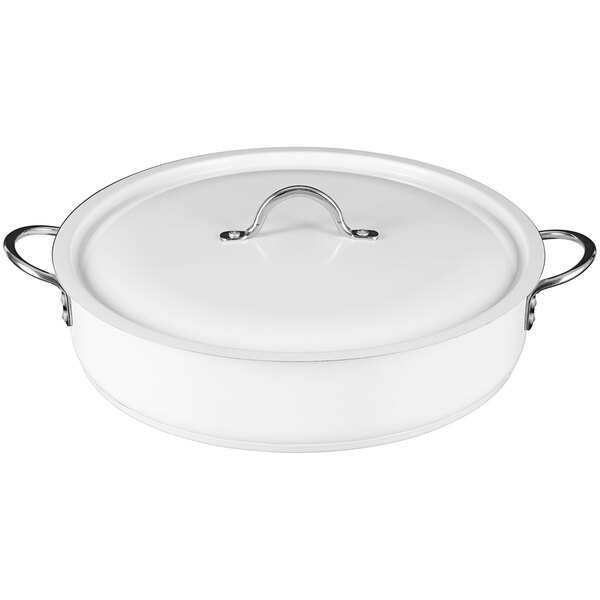A white Bon Chef Country French brazier pan with a white lid and metal handle.