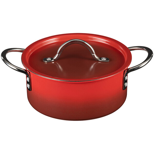 A Bon Chef Country French ombre crimson red sauce pot with a handle and lid.