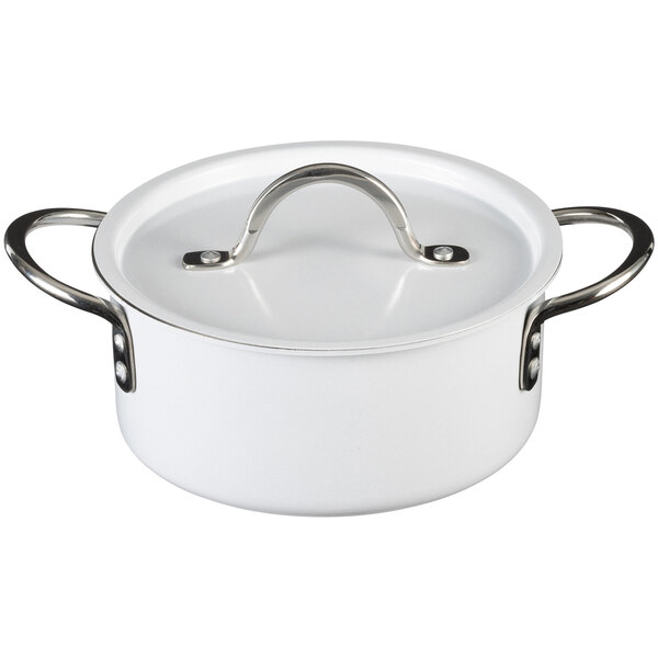 A white Bon Chef sauce pot with a lid and metal handle.