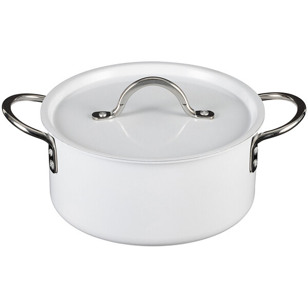A white Bon Chef Country French sauce pot with a handle and lid.