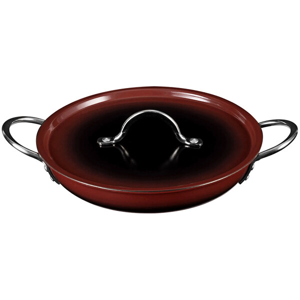 A Bon Chef Country French ombre merlot saute pan with a lid.