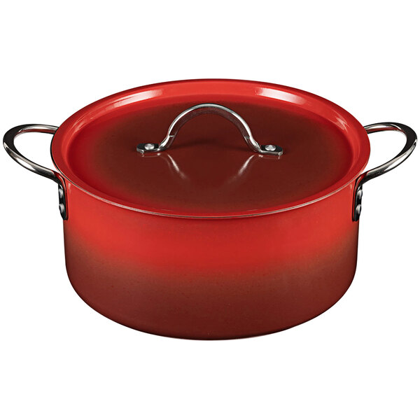 A Bon Chef Country French ombre crimson red sauce pot with a lid.