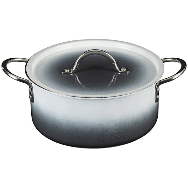 A Bon Chef Country French Ombre Shadow Gray sauce pot with a handle and cover.