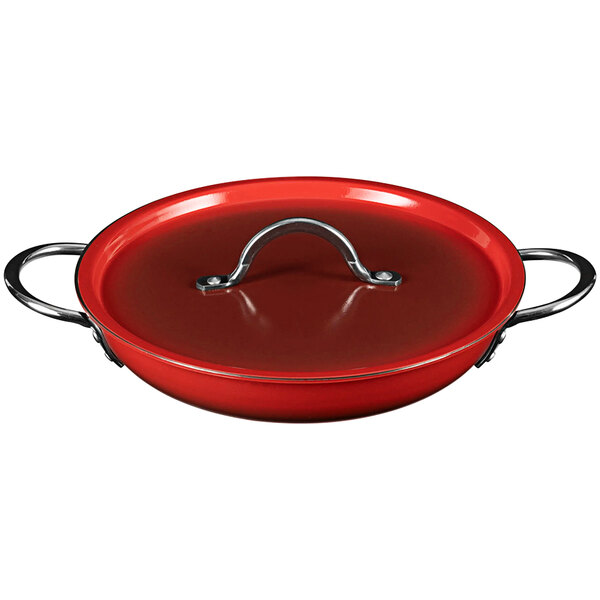 A Bon Chef ombre crimson red saute pan with a lid and handle.