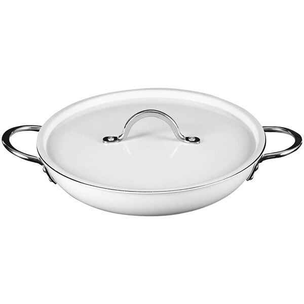 A white Bon Chef saute pan with a handle and lid.