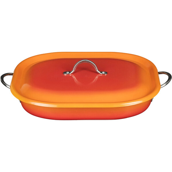 A Bon Chef Country French Ombre Tangerine roasting pan with a handle.