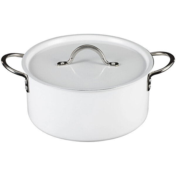 A Bon Chef Country French white sauce pot with a lid and a metal handle.