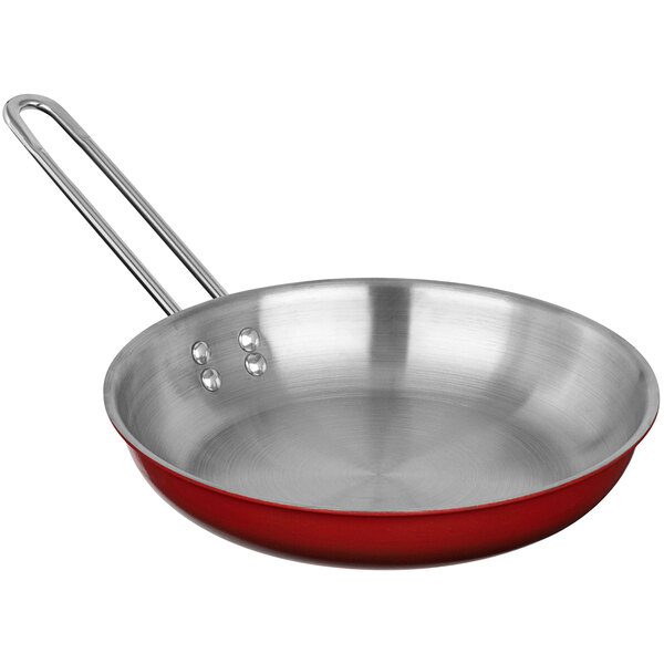 A Bon Chef stainless steel frying pan with ombre crimson red coloring.