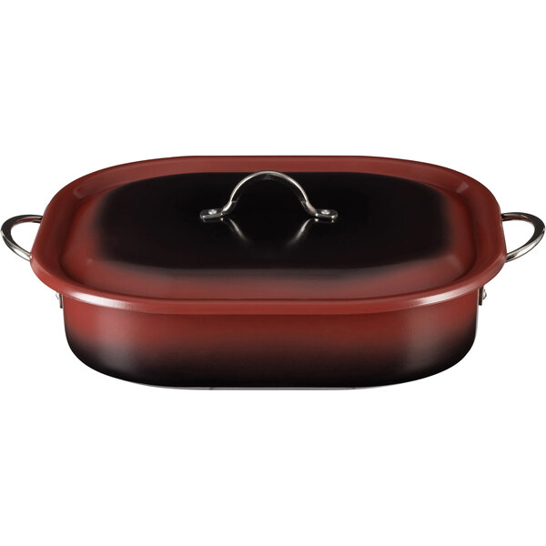 A red and black Bon Chef Country French oven with a lid.