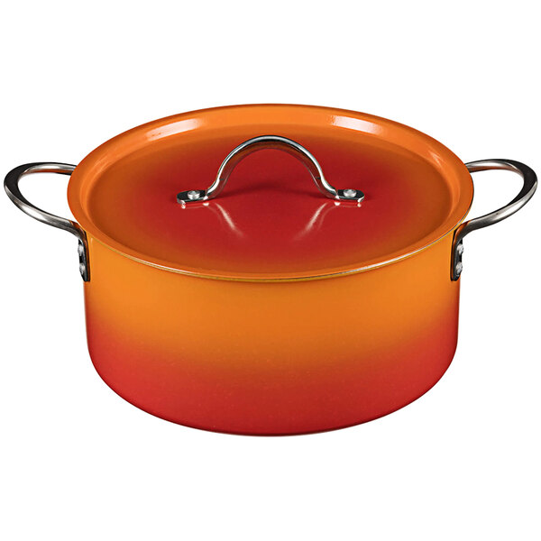A Bon Chef Country French ombre tangerine sauce pot with a cover.