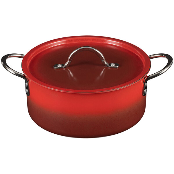 A Bon Chef Country French ombre crimson red sauce pot with a lid.