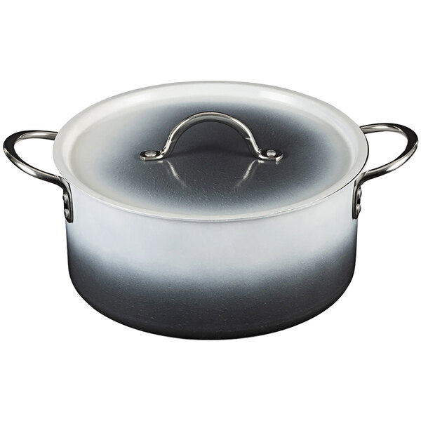 A Bon Chef Country French ombre shadow gray sauce pot with a handle and cover.