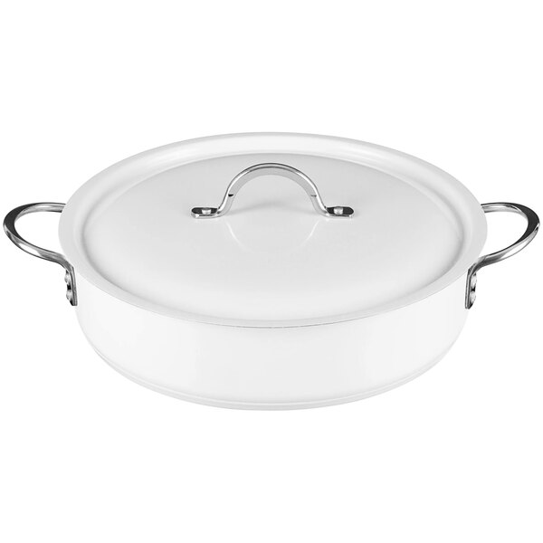 A white Bon Chef brazier pot with a white lid and handle.