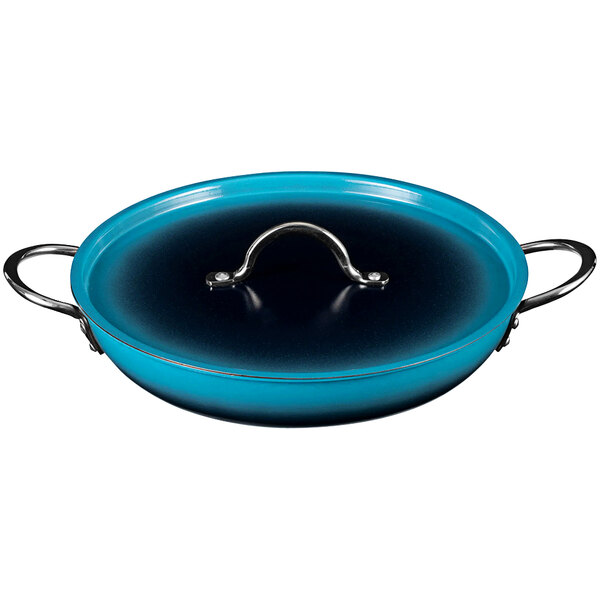 A Bon Chef blue saute pan with a handle and cover.