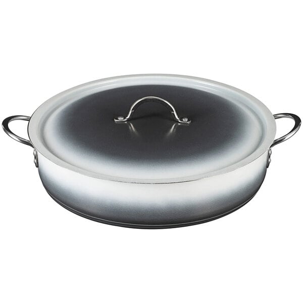 A Bon Chef Country French Ombre Shadow Gray brazier pot with a silver ring on the lid.