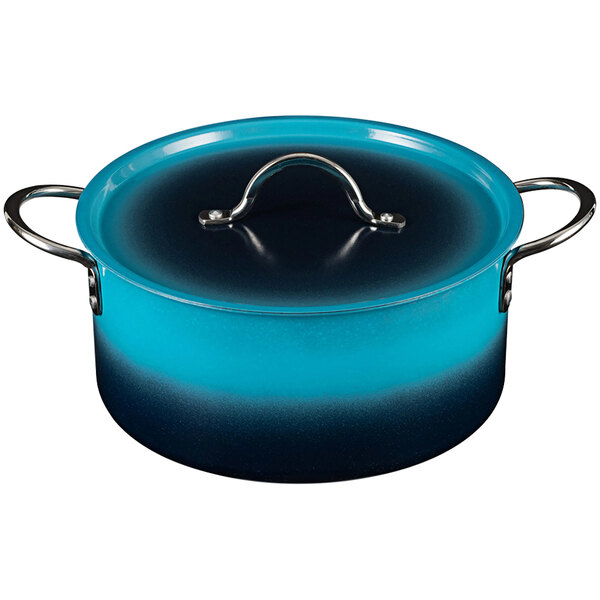 A blue and black Bon Chef Country French sauce pot with a lid.