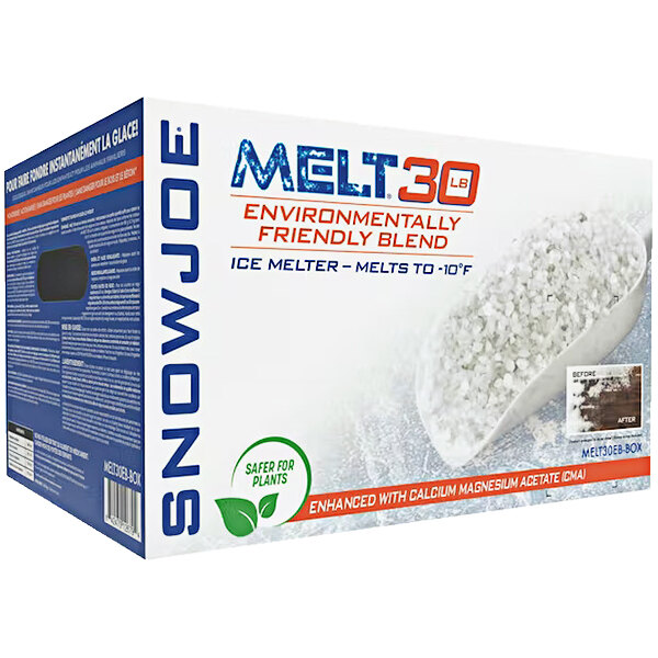 A white box of Snow Joe Premium Environmentally-Friendly Ice Melt with a white and black label.
