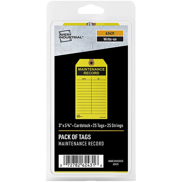 A package of 25 yellow Avery Maintenance Record tag cards.
