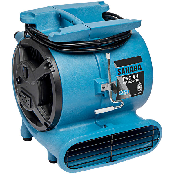 A Dri-Eaz Sahara Pro X4 TurboDryer air blower with a blue and black fan.