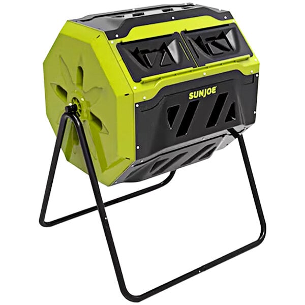 A green and black Sun Joe tumbling composter on a stand.