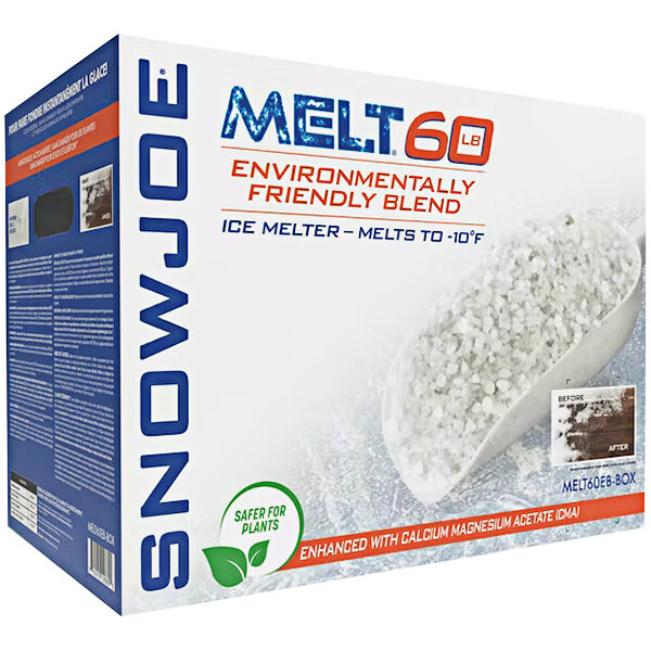 A box of Snow Joe environmentally-friendly ice melt with a scoop inside.