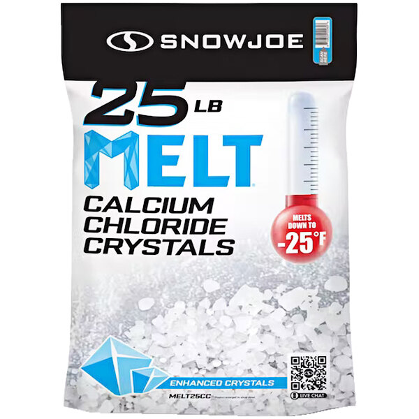 A bag of Snow Joe calcium chloride crystals with a blue and white label.