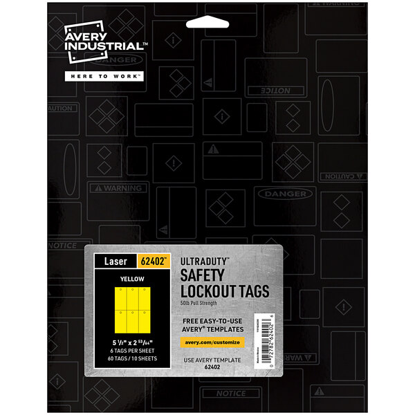 A black package of yellow Avery UltraDuty lockout/tagout hang tags.
