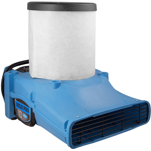 A blue Dri-Eaz air blower with a white cylinder on top.