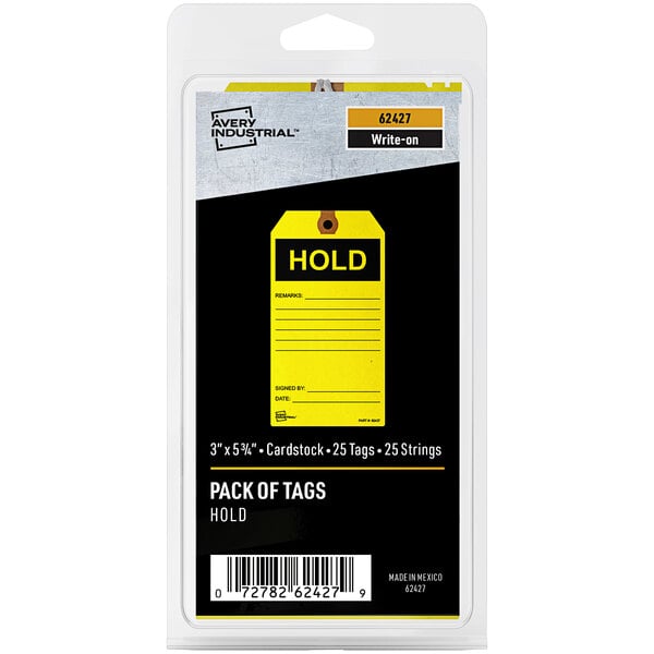 A package of 25 yellow Avery "Hold" tags with black text.