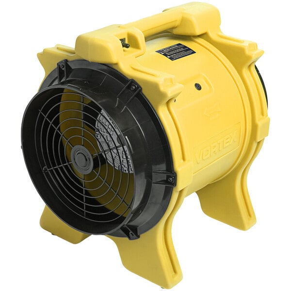 A yellow fan with a black circle.