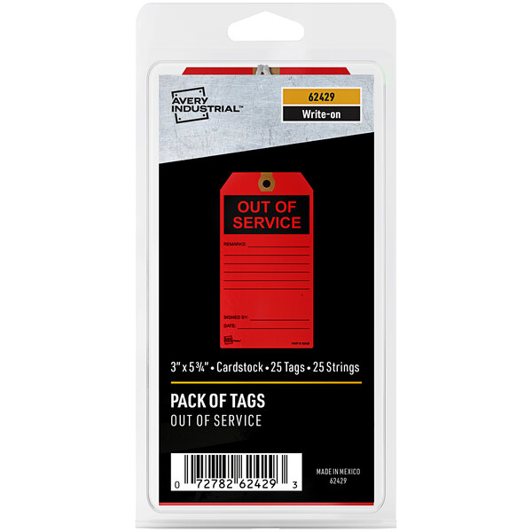 A package of Avery red cardstock service hang tags with the words "Out of Service" in black.