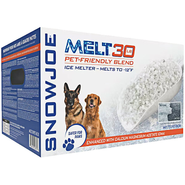 A box of Snow Joe Premium Pet-Friendly Blend Ice Melt with CMA and a scoop.