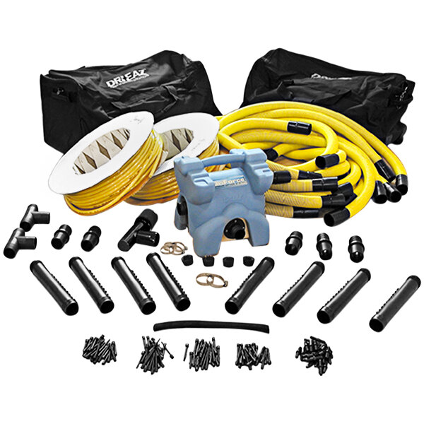 A yellow and black Dri-Eaz hose kit with hoses and cables.