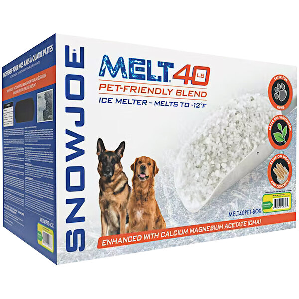 A box of Snow Joe MELT40PET-BOX ice melt with a white scoop inside.