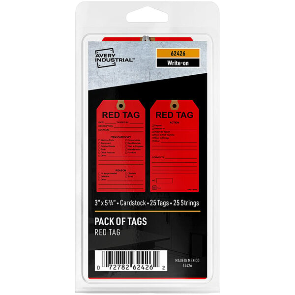 A pack of 25 Avery red tag cardstock hang tags with pre-printed red tags.