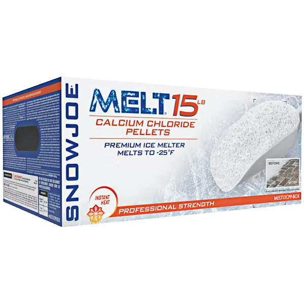 A white box of Snow Joe MELT ice melt pellets with a white label.