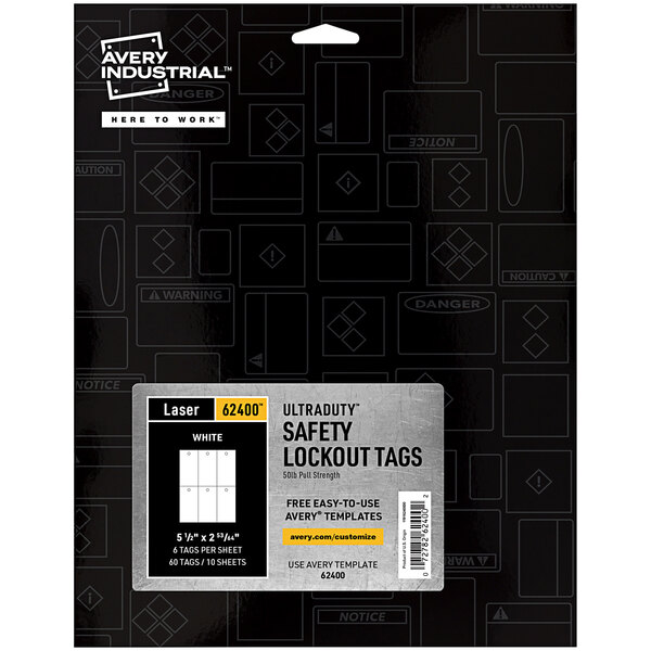 A black and white package of Avery UltraDuty White Lockout / Tagout Hang Tags.