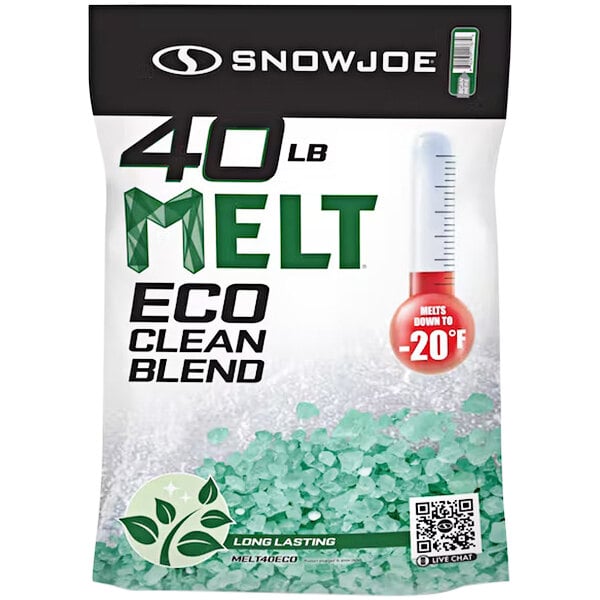 A bag of Snow Joe Eco-Clean Blend Ice Melt with green crystals and a red round logo with white text.
