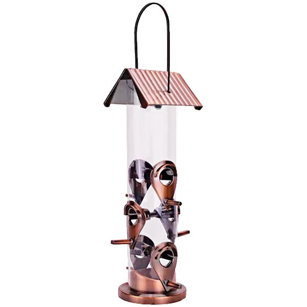 A Bliss Outdoors bird feeder with a metal bird feeder and a triangular roof.