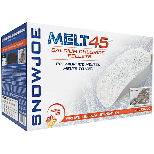 A white box of Snow Joe MELT 94% Pure Calcium Chloride Ice Melt Pellets with blue text.