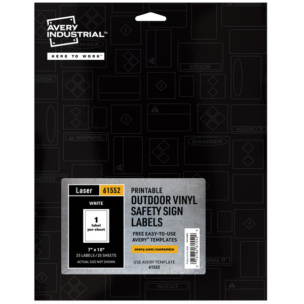 A package of white rectangular Avery UV-resistant vinyl labels.